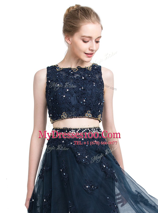 Smart Scoop Sleeveless Floor Length Beading Zipper Prom Evening Gown with Navy Blue