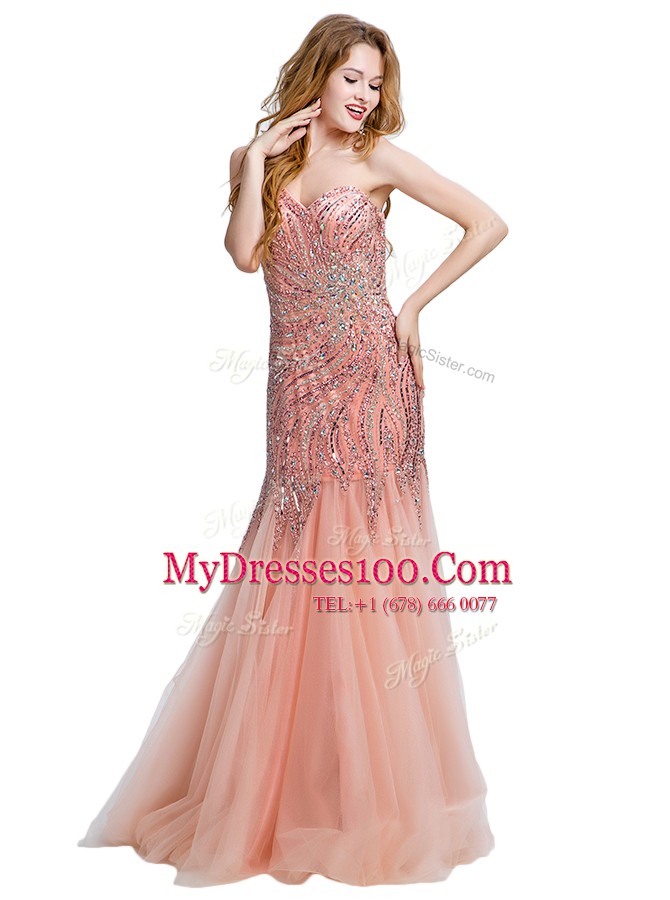 Mermaid One Shoulder Sleeveless Prom Dress Floor Length Beading Peach Tulle