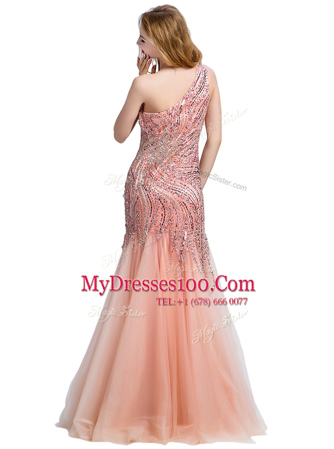 Mermaid One Shoulder Sleeveless Prom Dress Floor Length Beading Peach Tulle