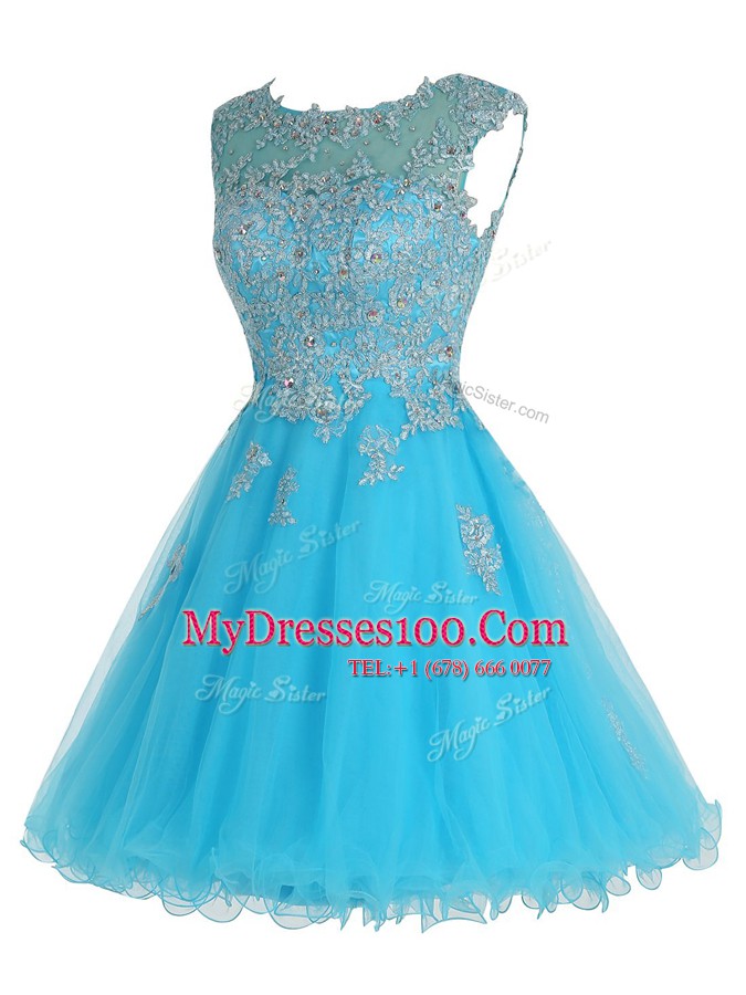 Scoop Baby Blue Sleeveless Mini Length Beading and Appliques Zipper Party Dress for Girls