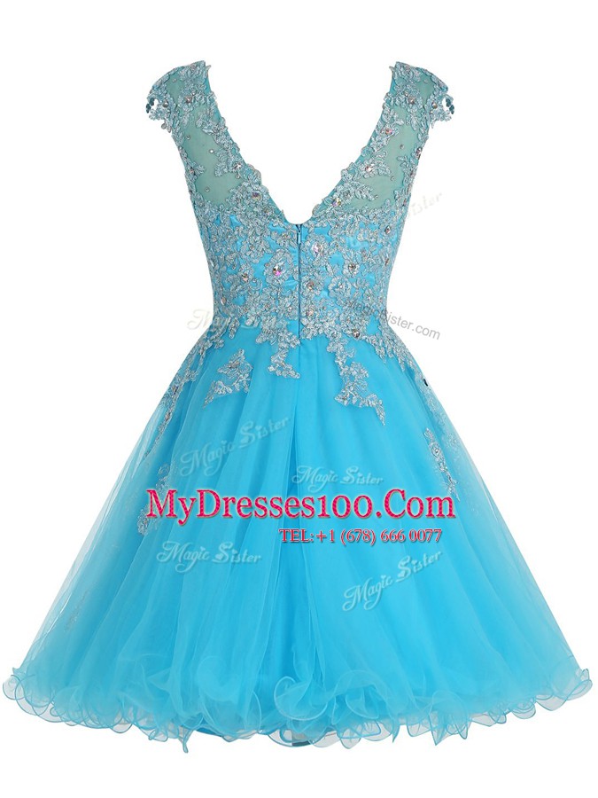 Scoop Baby Blue Sleeveless Mini Length Beading and Appliques Zipper Party Dress for Girls