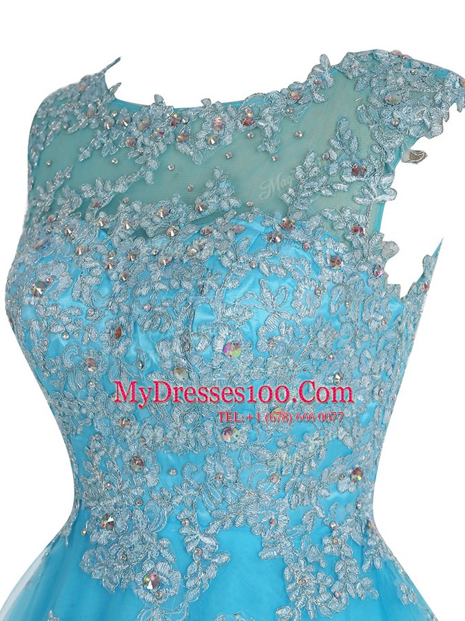 Scoop Baby Blue Sleeveless Mini Length Beading and Appliques Zipper Party Dress for Girls
