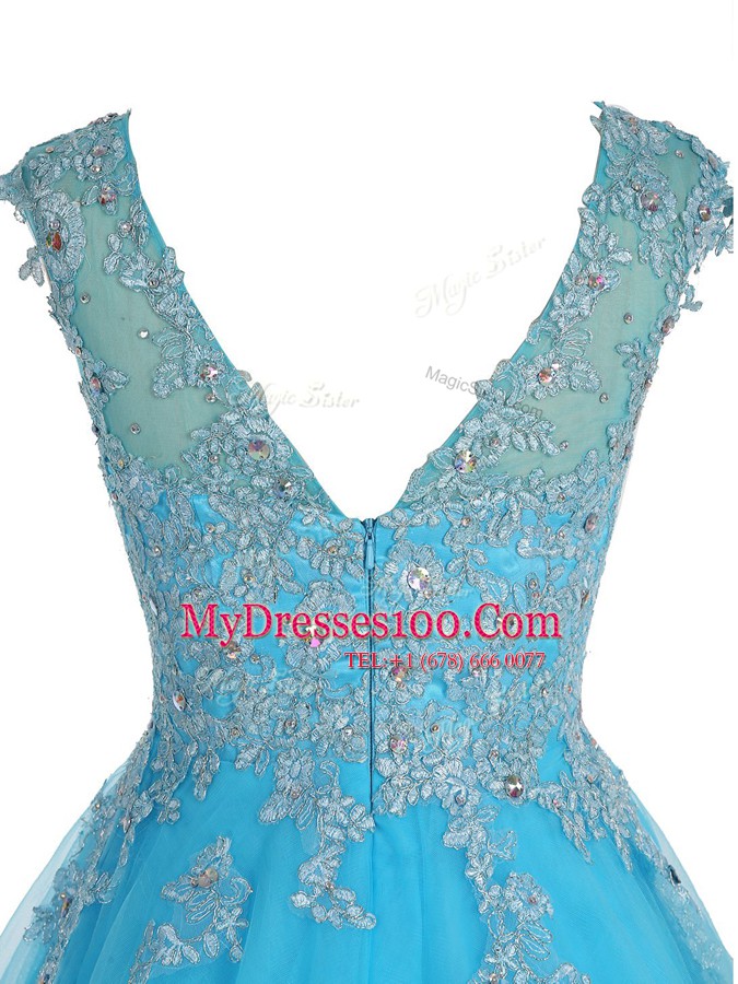 Scoop Baby Blue Sleeveless Mini Length Beading and Appliques Zipper Party Dress for Girls
