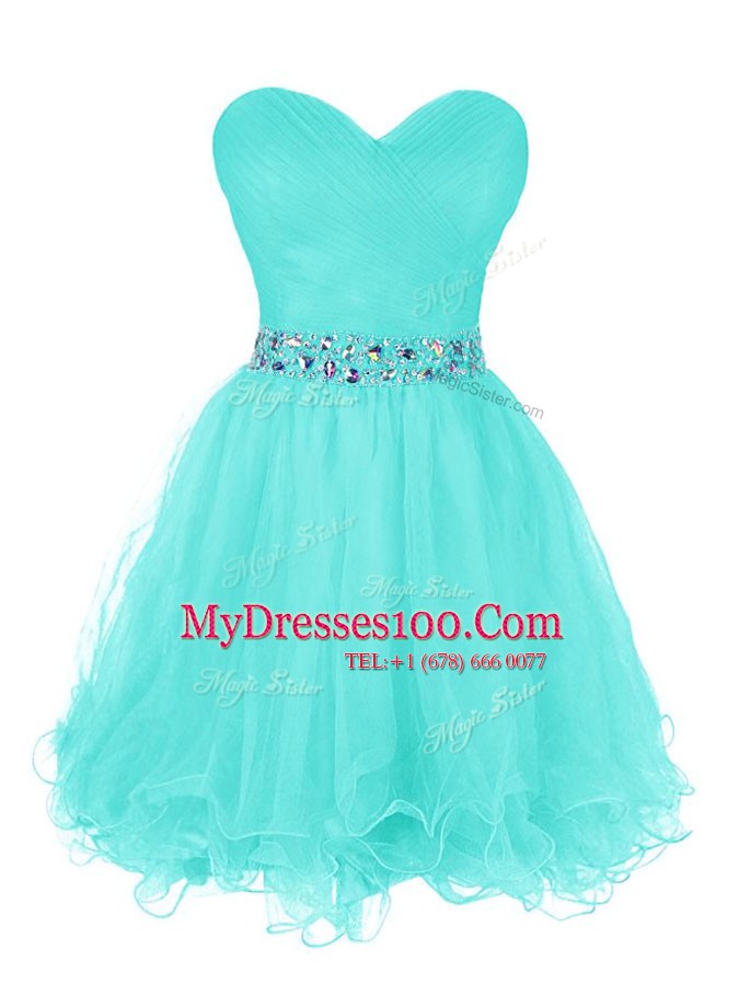 High Class Turquoise Zipper Prom Dresses Beading and Ruffled Layers Sleeveless Mini Length