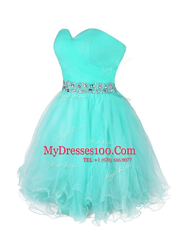 High Class Turquoise Zipper Prom Dresses Beading and Ruffled Layers Sleeveless Mini Length