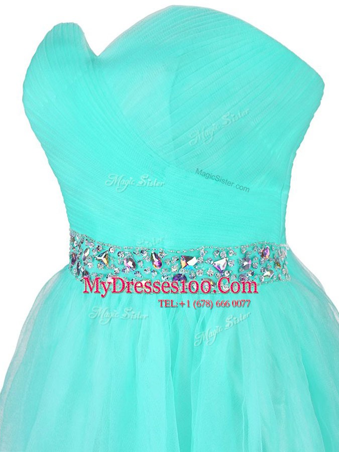 High Class Turquoise Zipper Prom Dresses Beading and Ruffled Layers Sleeveless Mini Length