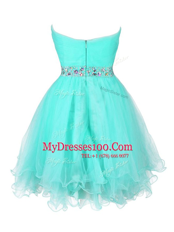 High Class Turquoise Zipper Prom Dresses Beading and Ruffled Layers Sleeveless Mini Length