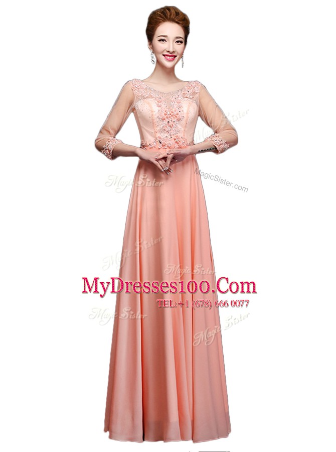 Lovely Peach Chiffon Zipper Scoop 3 4 Length Sleeve Floor Length Mother Of The Bride Dress Beading