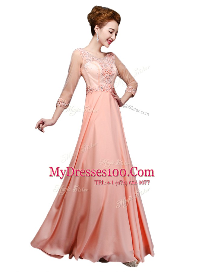 Lovely Peach Chiffon Zipper Scoop 3 4 Length Sleeve Floor Length Mother Of The Bride Dress Beading