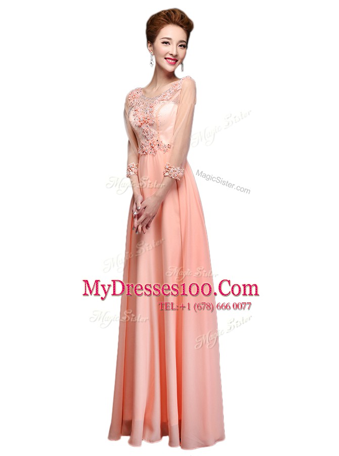 Lovely Peach Chiffon Zipper Scoop 3 4 Length Sleeve Floor Length Mother Of The Bride Dress Beading