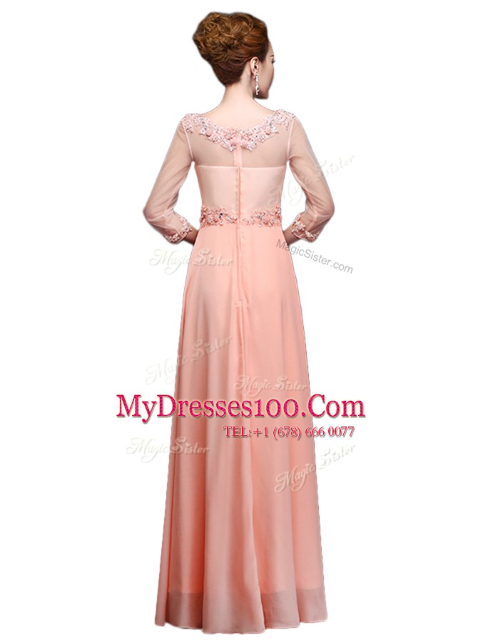 Lovely Peach Chiffon Zipper Scoop 3 4 Length Sleeve Floor Length Mother Of The Bride Dress Beading