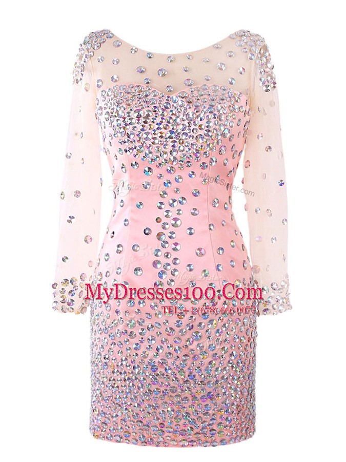 Scoop Mini Length Pink Prom Evening Gown Satin Long Sleeves Beading