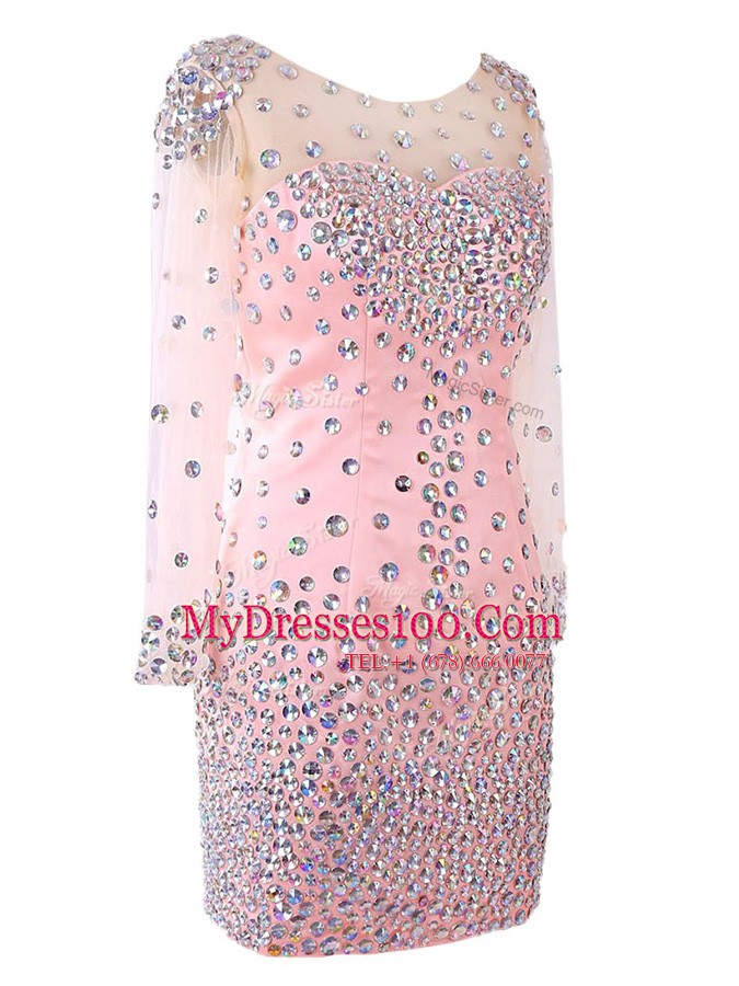 Scoop Mini Length Pink Prom Evening Gown Satin Long Sleeves Beading