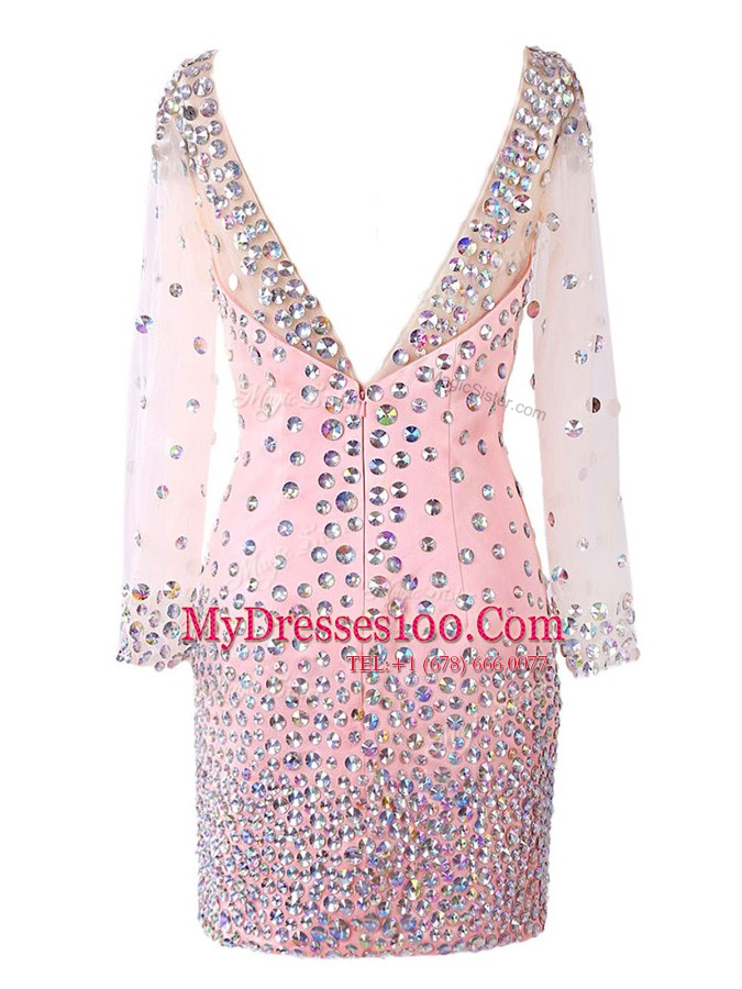 Scoop Mini Length Pink Prom Evening Gown Satin Long Sleeves Beading