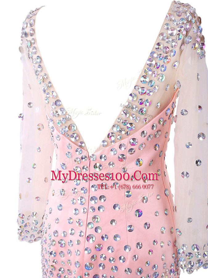 Scoop Mini Length Pink Prom Evening Gown Satin Long Sleeves Beading