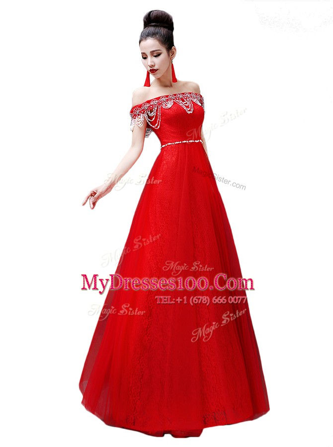 Off the Shoulder Sleeveless Floor Length Beading Lace Up Prom Dresses with Red