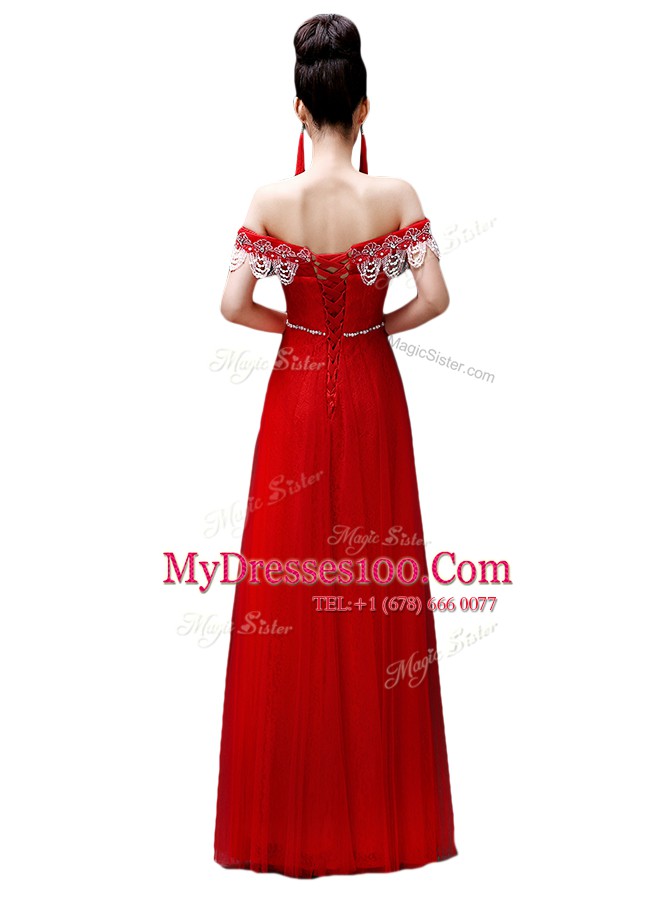 Off the Shoulder Sleeveless Floor Length Beading Lace Up Prom Dresses with Red