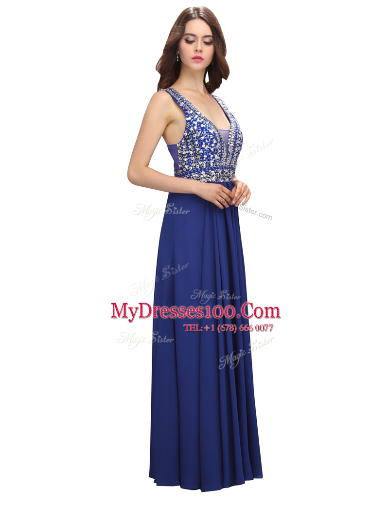 Royal Blue Sleeveless Beading Floor Length Prom Dress