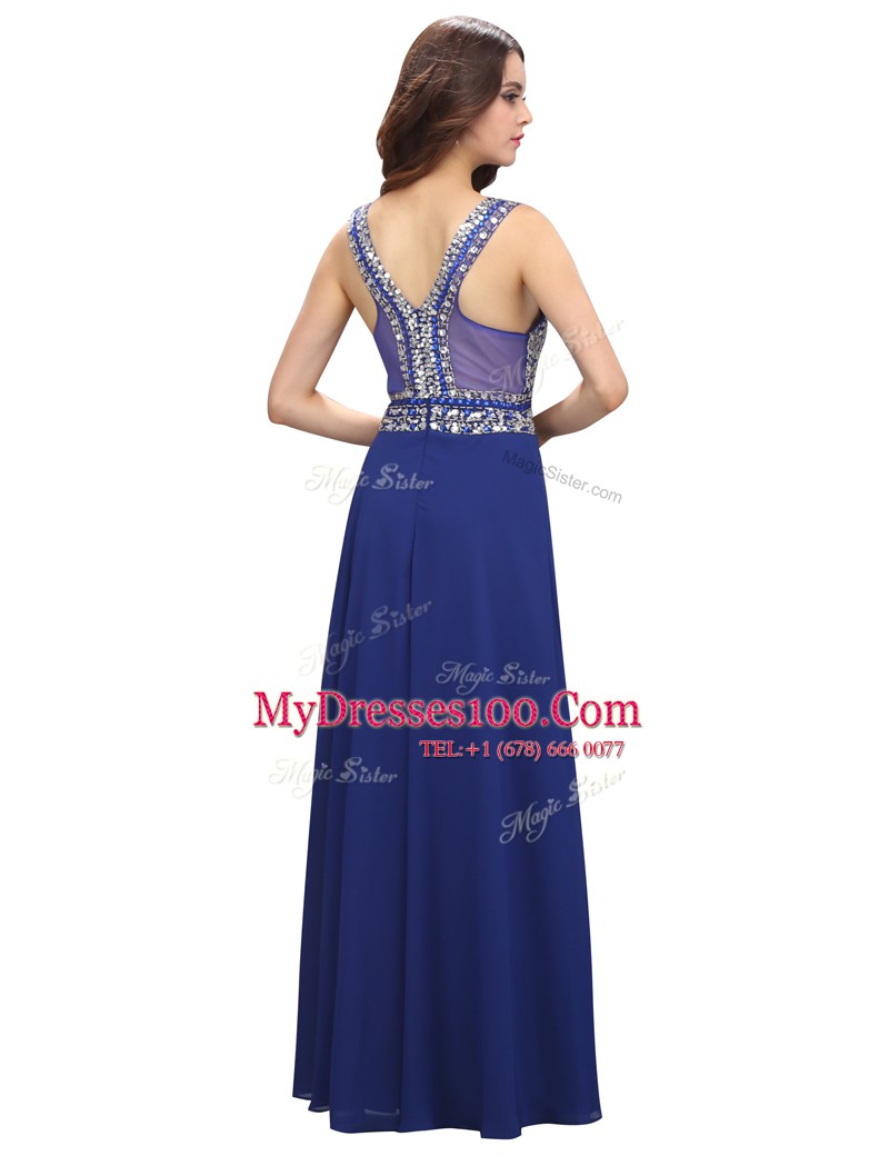 Royal Blue Sleeveless Beading Floor Length Prom Dress
