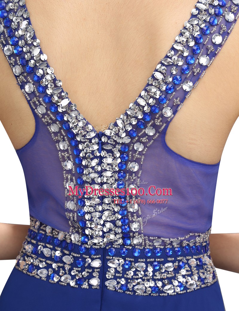 Royal Blue Sleeveless Beading Floor Length Prom Dress