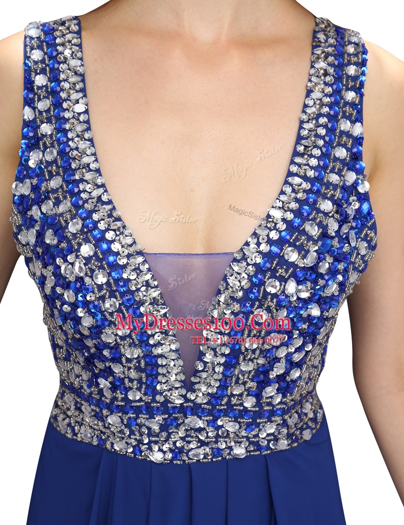 Royal Blue Sleeveless Beading Floor Length Prom Dress