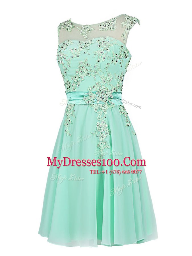 Colorful Scoop Turquoise Chiffon Zipper Homecoming Dress Sleeveless Knee Length Beading and Appliques