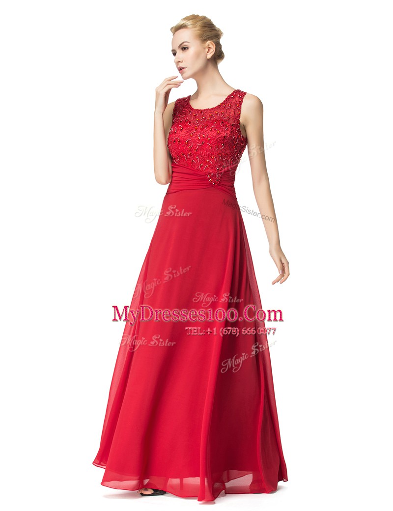 Floor Length Red Prom Party Dress Scoop Sleeveless Lace Up