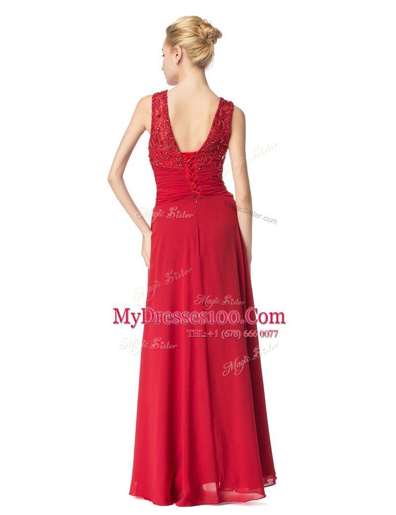 Floor Length Red Prom Party Dress Scoop Sleeveless Lace Up