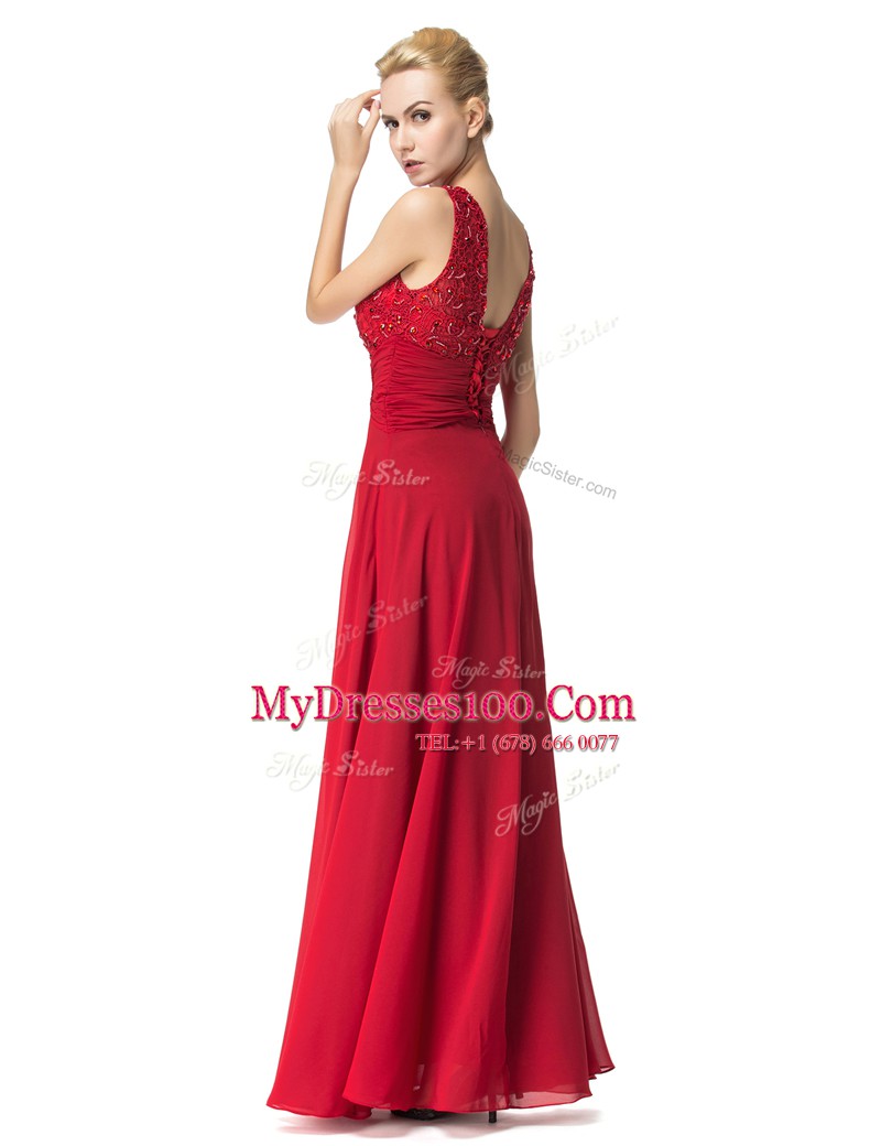 Floor Length Red Prom Party Dress Scoop Sleeveless Lace Up