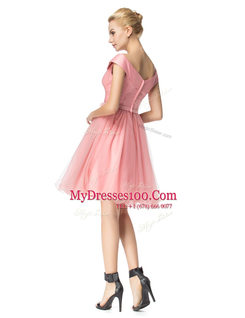 Off the Shoulder Knee Length A-line Cap Sleeves Pink Prom Party Dress Zipper