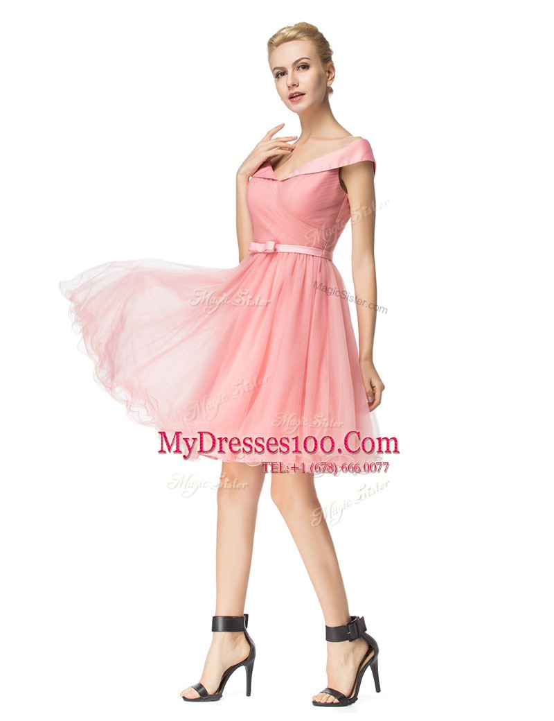 Off the Shoulder Knee Length A-line Cap Sleeves Pink Prom Party Dress Zipper