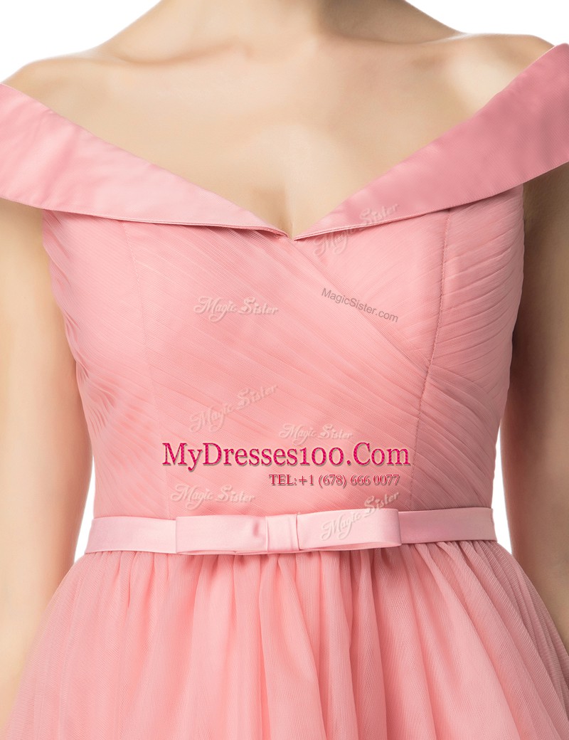 Off the Shoulder Knee Length A-line Cap Sleeves Pink Prom Party Dress Zipper