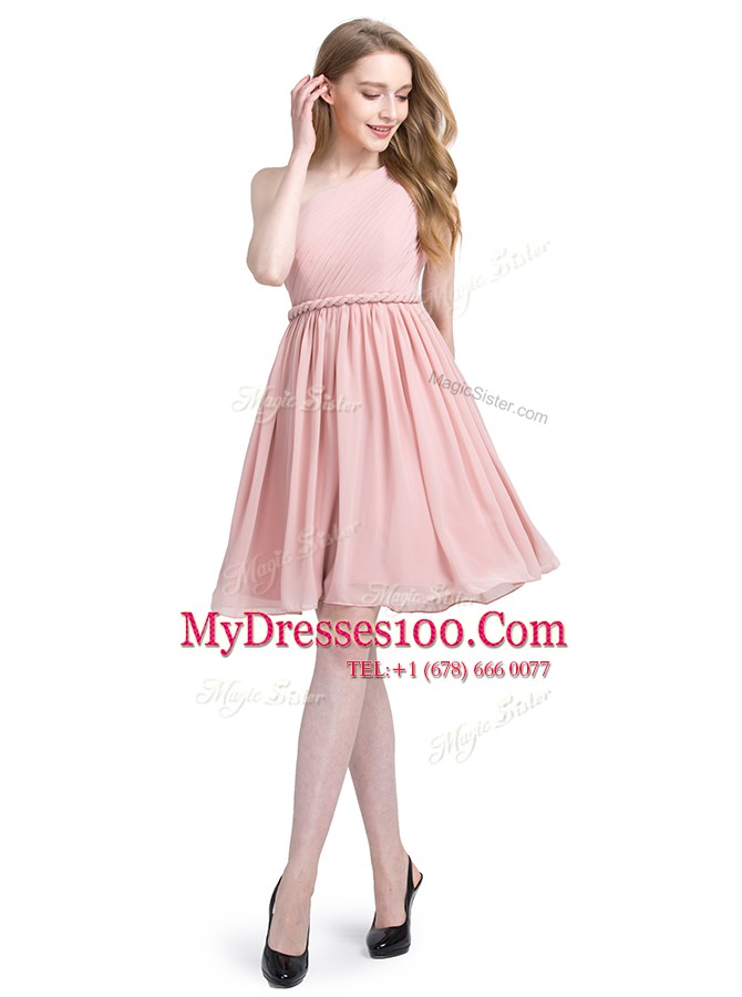 One Shoulder Sleeveless Chiffon Knee Length Side Zipper Prom Dresses in Pink with Ruching