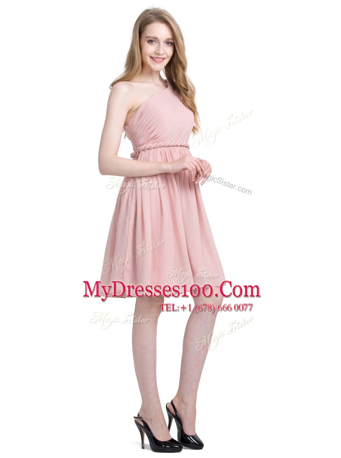 One Shoulder Sleeveless Chiffon Knee Length Side Zipper Prom Dresses in Pink with Ruching