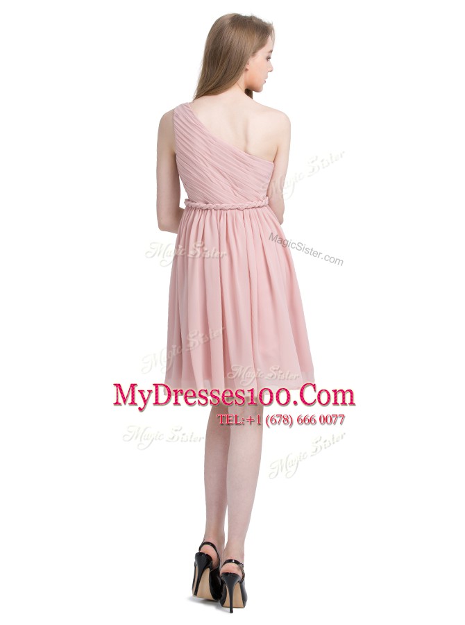 One Shoulder Sleeveless Chiffon Knee Length Side Zipper Prom Dresses in Pink with Ruching
