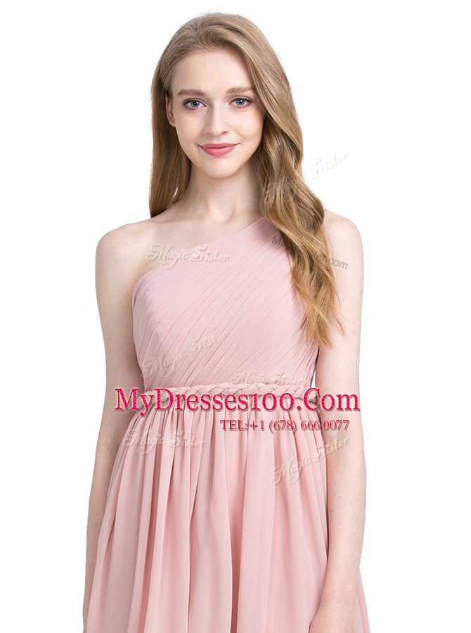 One Shoulder Sleeveless Chiffon Knee Length Side Zipper Prom Dresses in Pink with Ruching