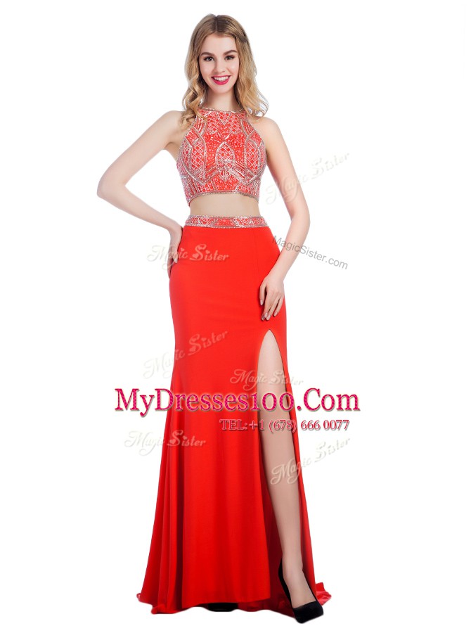 Sweep Train Column/Sheath Prom Evening Gown Coral Red High-neck Chiffon Sleeveless With Train Criss Cross