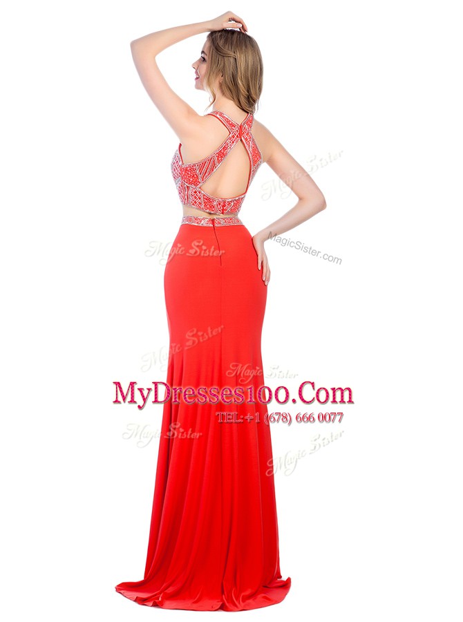 Sweep Train Column/Sheath Prom Evening Gown Coral Red High-neck Chiffon Sleeveless With Train Criss Cross