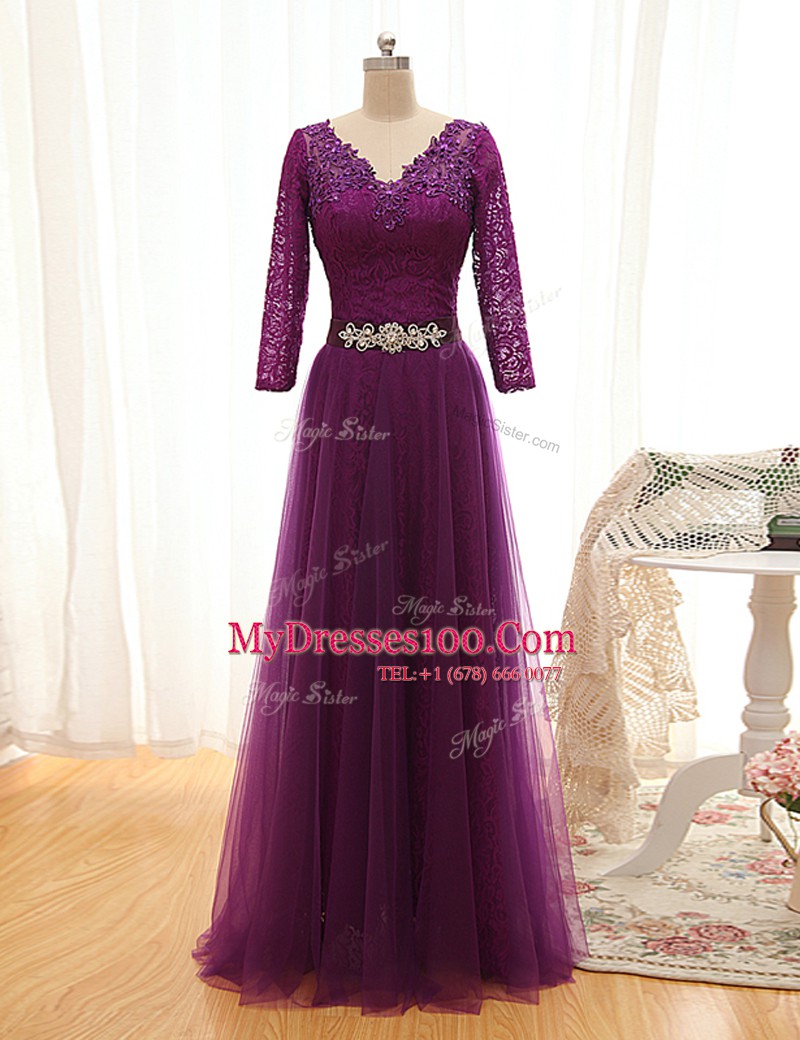 Exquisite Purple 3 4 Length Sleeve Floor Length Beading and Lace Lace Up