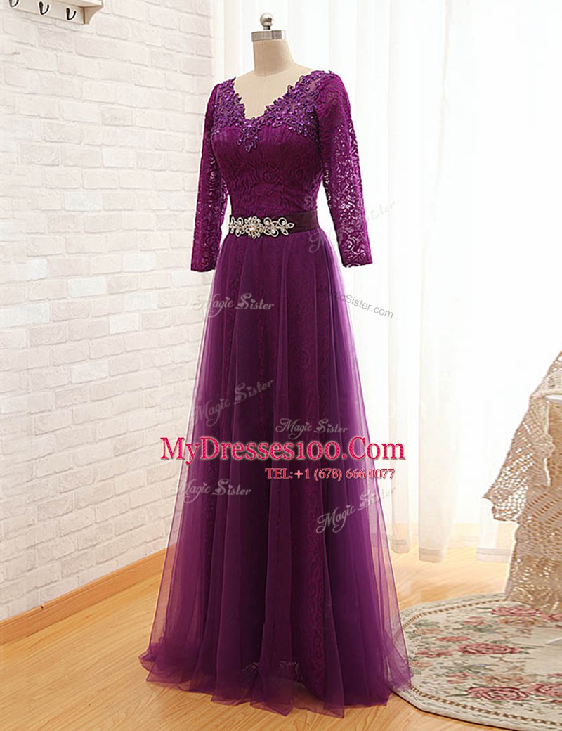 Exquisite Purple 3 4 Length Sleeve Floor Length Beading and Lace Lace Up