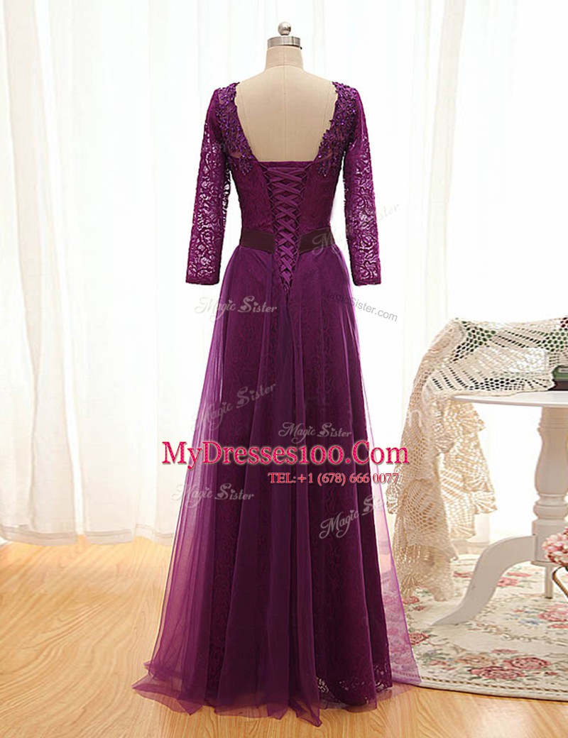 Exquisite Purple 3 4 Length Sleeve Floor Length Beading and Lace Lace Up