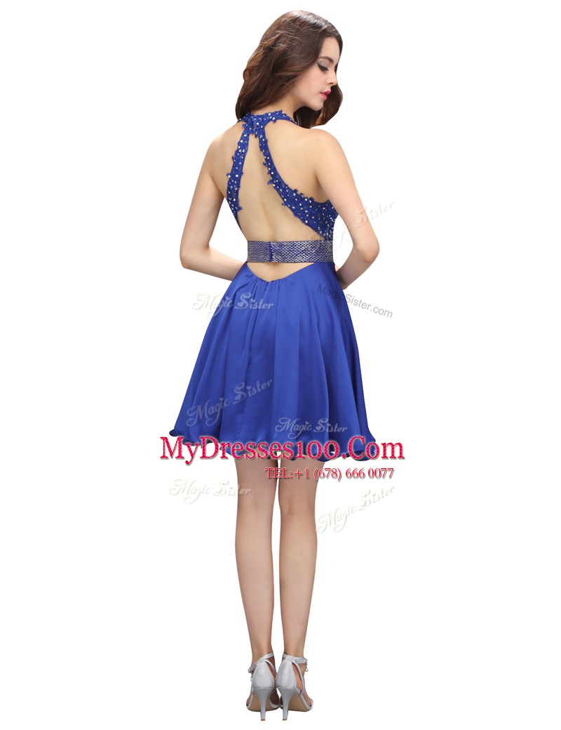Comfortable V-neck Sleeveless Prom Dresses Mini Length Beading and Belt Royal Blue Chiffon