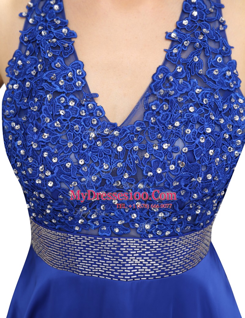 Comfortable V-neck Sleeveless Prom Dresses Mini Length Beading and Belt Royal Blue Chiffon