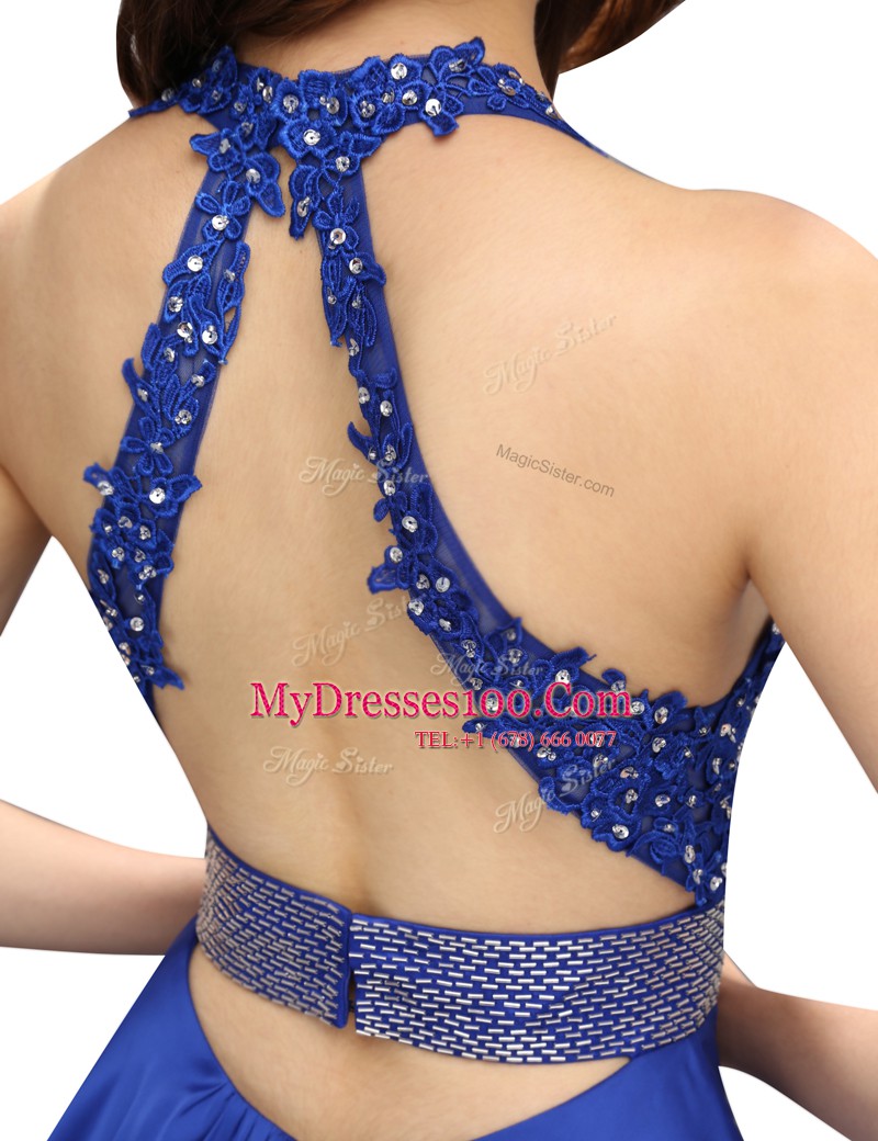 Comfortable V-neck Sleeveless Prom Dresses Mini Length Beading and Belt Royal Blue Chiffon