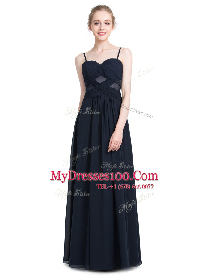 New Style Black Spaghetti Straps Zipper Ruching Evening Dress Sleeveless
