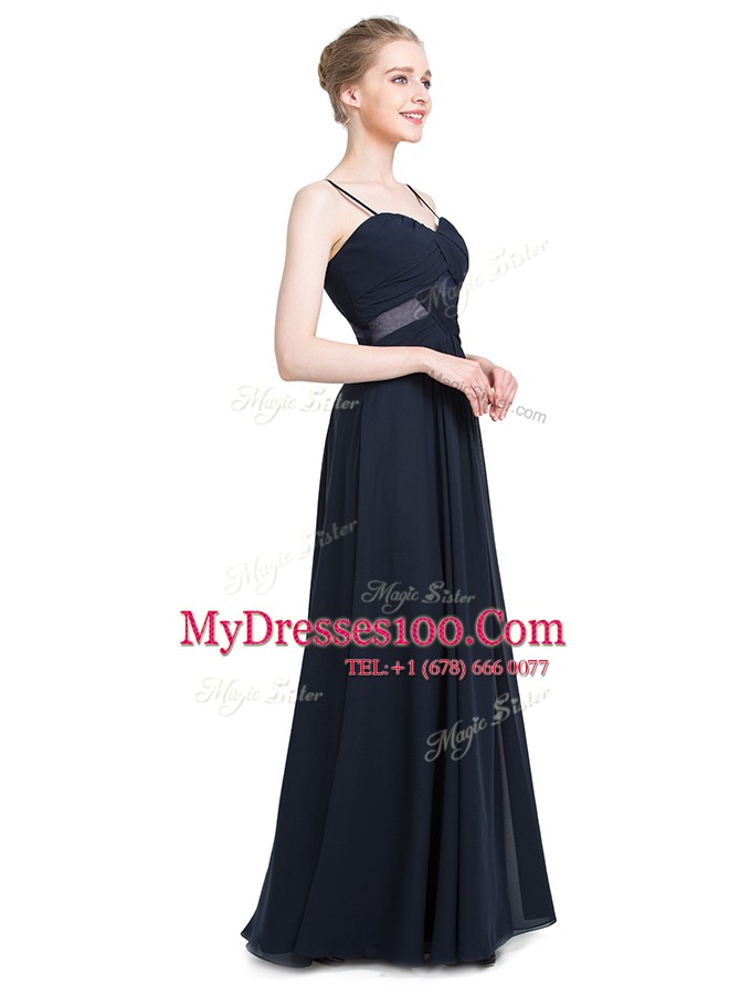 New Style Black Spaghetti Straps Zipper Ruching Evening Dress Sleeveless