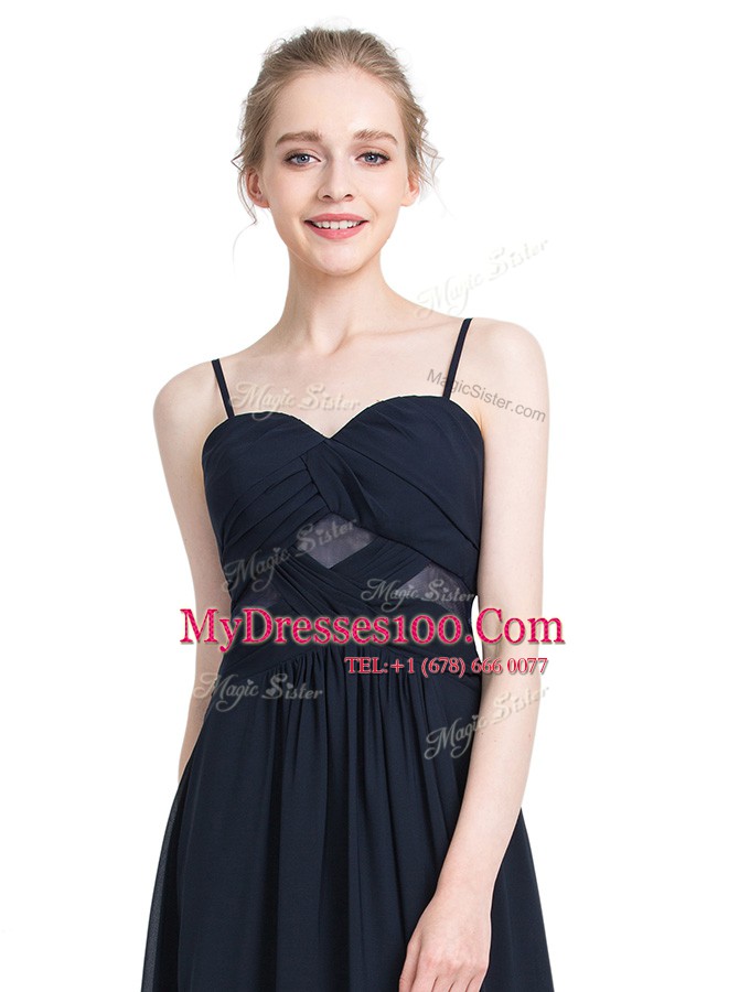 New Style Black Spaghetti Straps Zipper Ruching Evening Dress Sleeveless