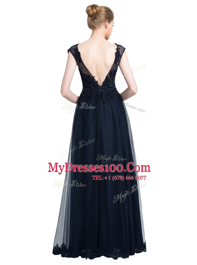 Floor Length Zipper Prom Gown Black for Prom and Party with Beading