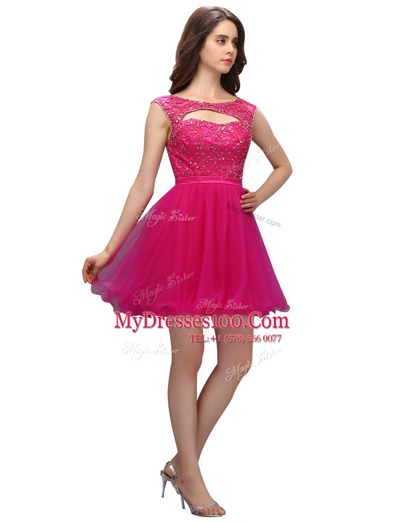 Fashion Mini Length Fuchsia Prom Party Dress Bateau Sleeveless Zipper