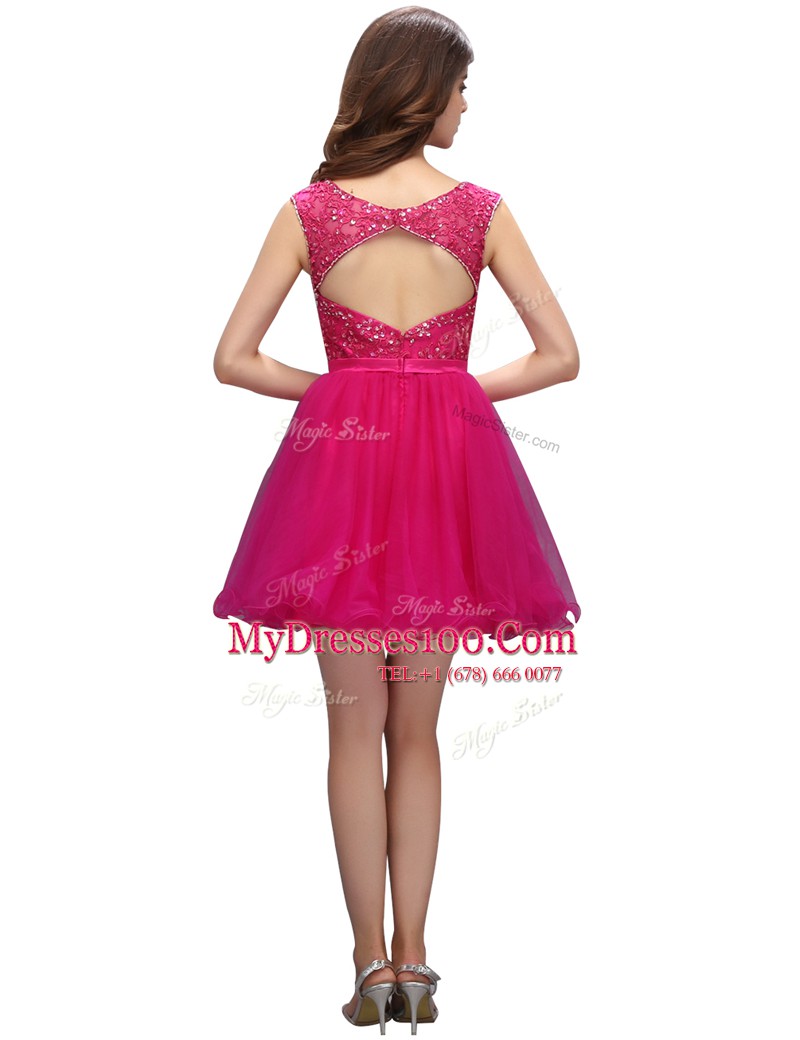 Fashion Mini Length Fuchsia Prom Party Dress Bateau Sleeveless Zipper